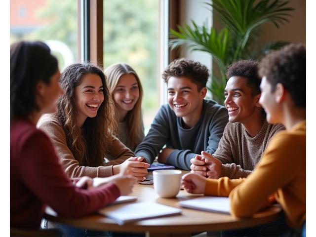 French students engaged in lively conversation during a language exchange club meeting.