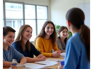 Students in a group French class setting, engaged in conversation with a teacher.