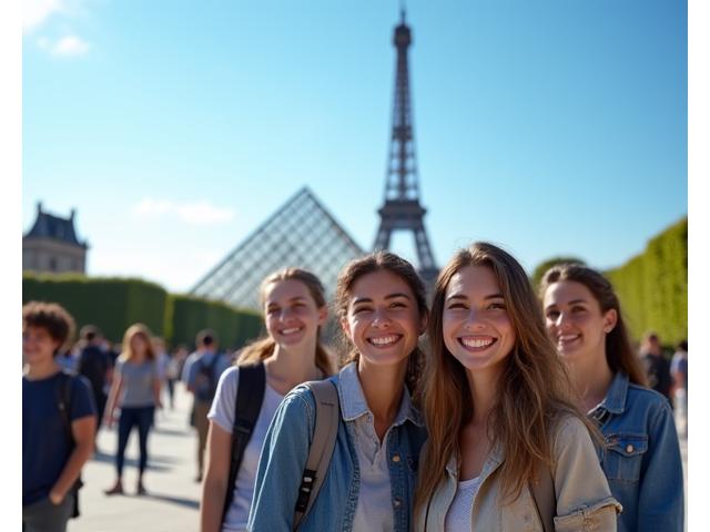 Students posing in front of a famous Paris landmark during a cultural excursion.
