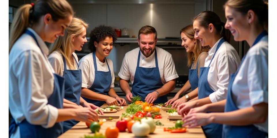 Group of people participating in a French cooking class, a cultural immersion workshop.