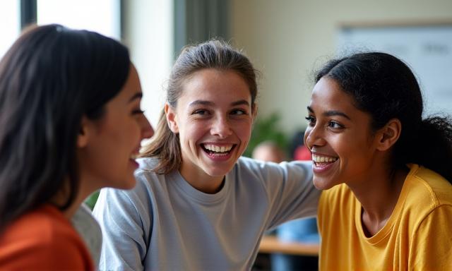 Étudiants interagissant joyeusement dans un cours de français à L'Ancre de France.
