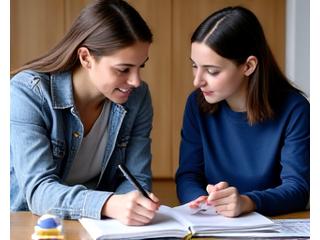One-on-one French tutoring session, a student and a teacher discussing.